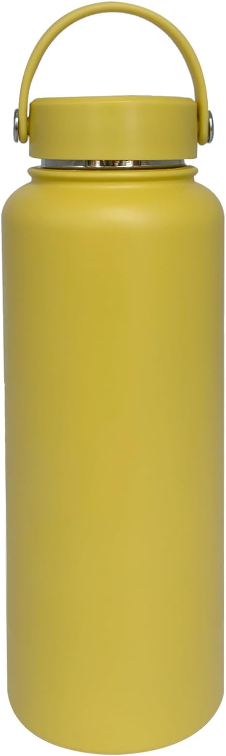 40oz Insulated Water Bottle ，Stainless Steel Sports Water Cup Flask with 2 Lids, Wide Mouth Travel Thermal Mug,Outdoor Sports Bottle（Mango yellow）