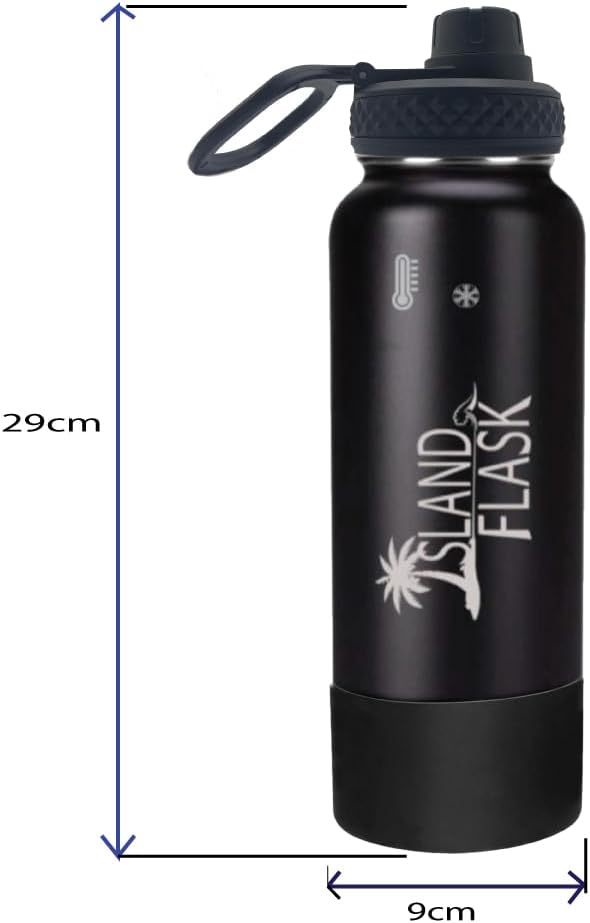 Island Flask- 40oz Double Wall Insulated Sports Water Bottle with one screw lid and one silicone boot.Keeps your drink COLD for up to 24 hours, and HOT for up to 12 hours.