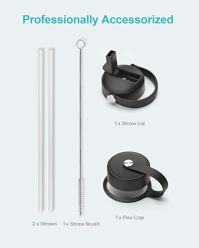 BUZIO Stainless Steel Water Bottle (Cold for 48 Hrs, Hot for 24 Hrs), 32 oz Vacuum Insulated Water Bottle with Straw Lid and Flex Cap (Double Wall, Wide Mouth, BPA Free, Leak Proof), Black