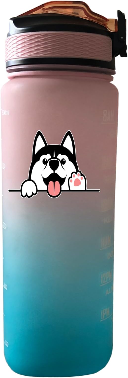 Husky Dog 32 oz Water Bottle with Times Marker to Drink and Straw, Carrying Strap, Leakproof Tritan BPA-Free, Ensure You Drink Enough Water for Fitness, Gym, Camping, Outdoor Sports
