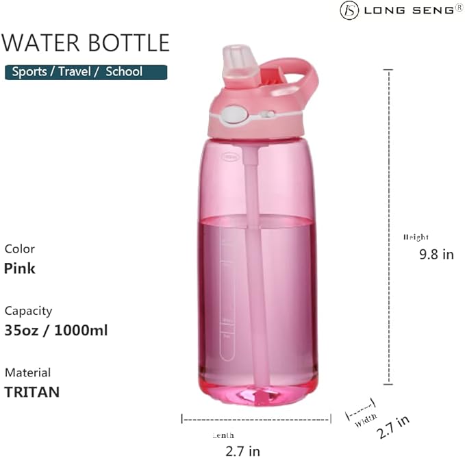 Sports Water Bottle 35 OZ, Gym Leak Proof Wide Mouth Straw Water Bottles Pink BPA-Free Plastic Water Bottle Odorless Light Portable Easy Clean Water Bottles For Adults Man Woman