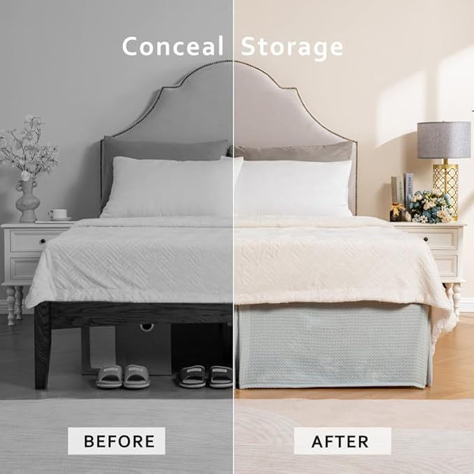 MIYE Pleated Waffle Weave Bed Skirt, Tailored Dust Ruffle 14 Inch Drop Easy Fit, Machine Washable (Light Grey, Twin - 14" Drop)