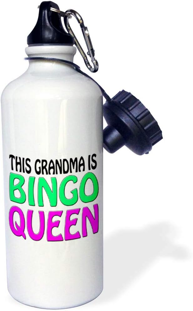 3dRose "This grandma is bingo queen, Hot pink, Lime green, " Sports Water Bottle, 21 oz, White