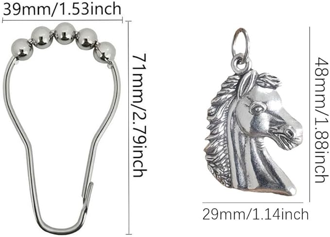 Horse Shower Curtain Hooks for Bathroom, Rustproof Stainless Steel Decorative Shower Curtain Rings with Zinc Alloy Horse Head Shaped Pendant Western Bathroom Decor 12PCS