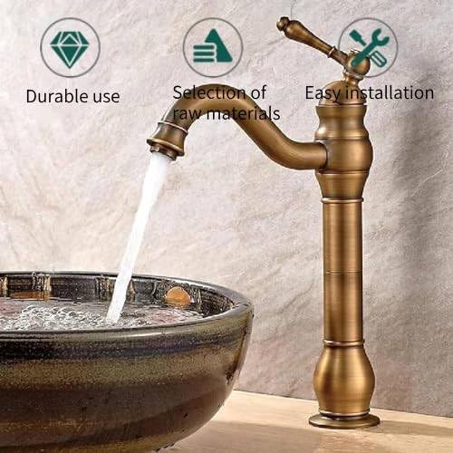 Antique Brass Single Handle Bathroom Sink Faucet, Faucet with Pop Up Drain Tall Spout Single Hole 360° Swivel Hot Cold Water Gold
