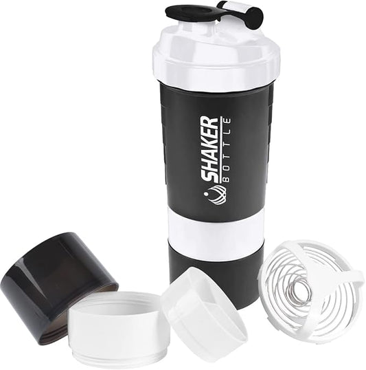 Protein Shaker Bottle - Sports Water Bottle - Non Slip 3 Layer Twist Off 3oz Cups with Pill Tray - Leak Proof Shake Bottle Mixer- Protein Powder 16 oz Shake Cup with Storage
