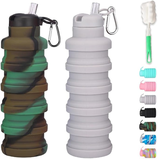 Collapsible water bottles 2 Pack with brush,BPA Free Travel Silicone Water Bottle with Carabiner,Reusable Foldable Portable Lightweight Sports bottles for Gym Camping Hiking (Gray+Camo green)