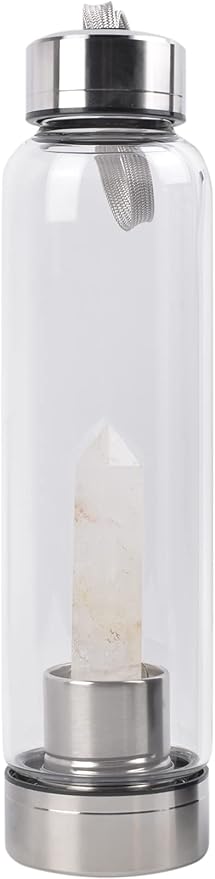 Crystal Glass Water Bottle Energy Quartz Gemstone Water Bottle with Changeable Natural Crystal Center for Healing and Wellness