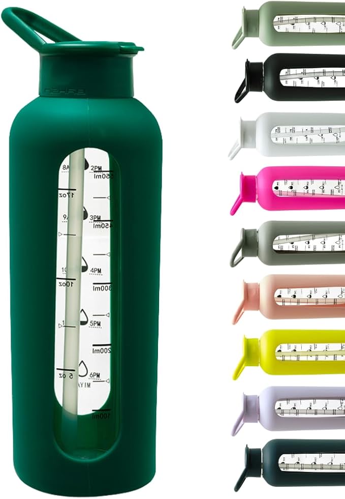 Mayim 24 Oz Glass Tumbler with Straw and Handle, Reusable Motivational Glass Water Bottle with Silicone Sleeve and Time Marker, Leak Proof Borosilicate Water Bottle -Kelly Green