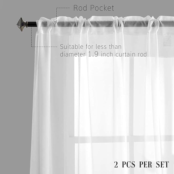 White Sheer Voile Curtains Translucent Solid Color Window Treatment 45 Inches Long Panels Rod Pocket White Sheers for Bedroom Living Room 2 Panels 52x45