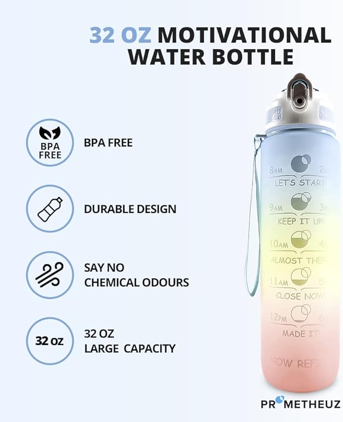 Prometheuz 32oz Water Bottle with Straw, Motivational Water Bottle with Time Marker, Leakproof & BPA-Free for Sports, Work and Fitness Baby Blue-Yellow-Pink
