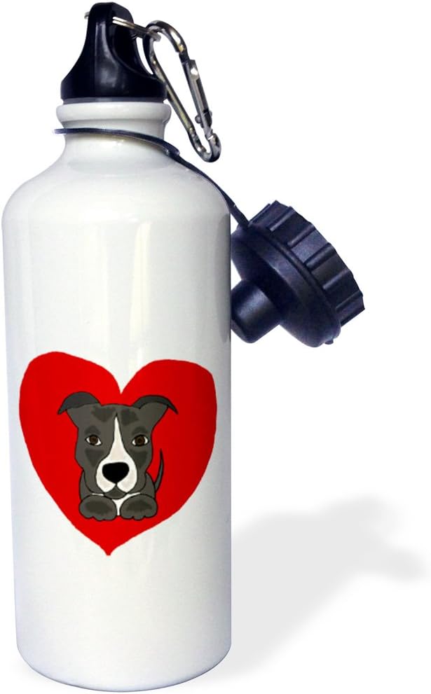 3dRose Fun Grey and White Pitbull Puppy Dog and Red Heart Love Sports Water Bottle, 21 oz, Multicolor