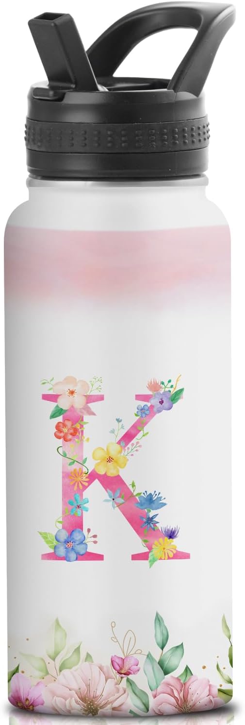 Personalized 32oz Water Bottle with Straw Customized Initial Letter Sport Bottles Monogrammed Initial Insulated Bottle Coffee Mug for Travel (K)