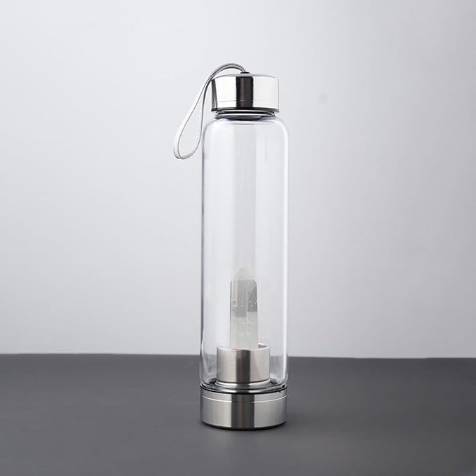Crystal Water Bottle Glass Stainless Steel Natural Crystal Energy Cup, Healing Drink Water Cup Quartz Gemstone Water Bottle Gifts for Yoga Walking Women Men Birthday