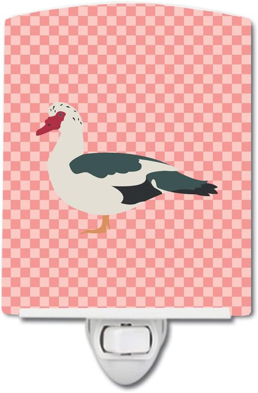Caroline's Treasures BB7864CNL Muscovy Duck Pink Check Ceramic Night Light Compact, UL-Certified, Ideal for Bedroom, Bathroom, Nursery, Hallway, Kitchen, 6x4x3, Multicolor