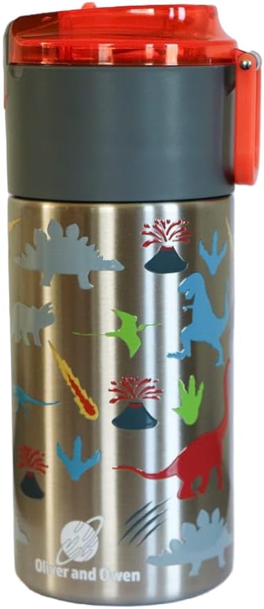 Kids insulated water bottle with straw and snack cup. Double wall stainless steel 14oz (orange and gray dinosaur)