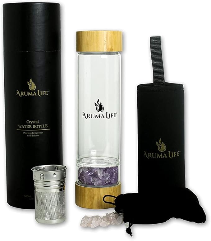 Crystal Water Bottle with a Loose-Leaf Tea/Fruit Infuser, Safe for Hot and Cold Drinks, Eco-friendly & Plus BONUS Protective Sleeve & Extra Set of Crystals Amethyst & Rose Quartz