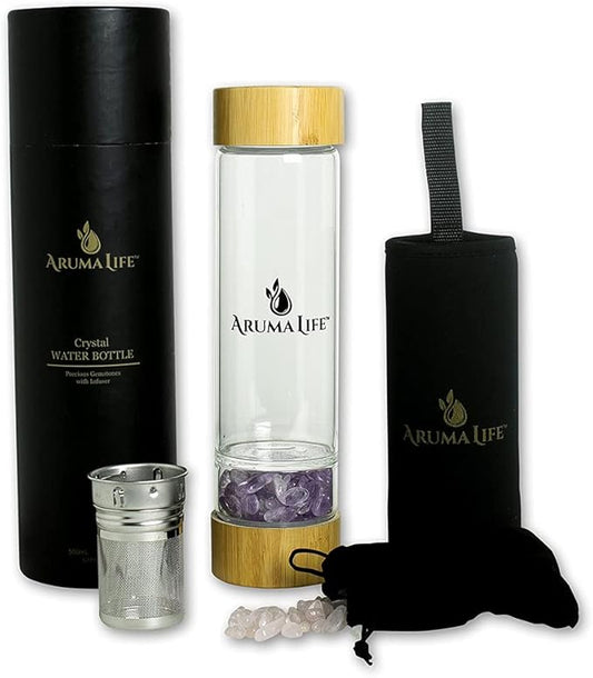 Crystal Water Bottle with a Loose-Leaf Tea/Fruit Infuser, Safe for Hot and Cold Drinks, Eco-friendly & Plus BONUS Protective Sleeve & Extra Set of Crystals Amethyst & Rose Quartz