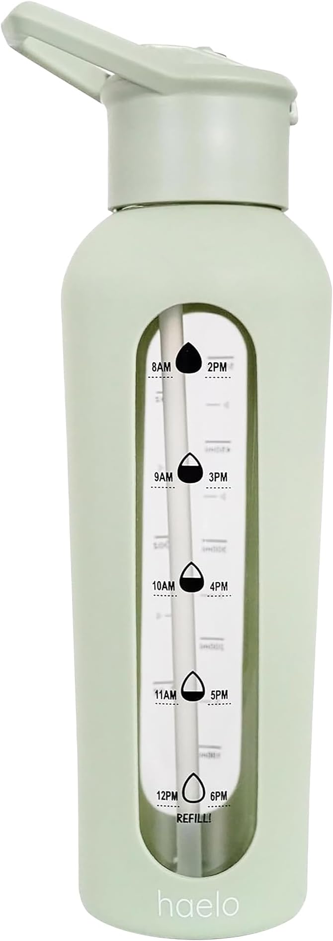 24oz Glass Motivational Water Bottle with Flip Lid Straw, Silicone Protective Sleeve, Handle, Reusable BPA Free (Sage Green)