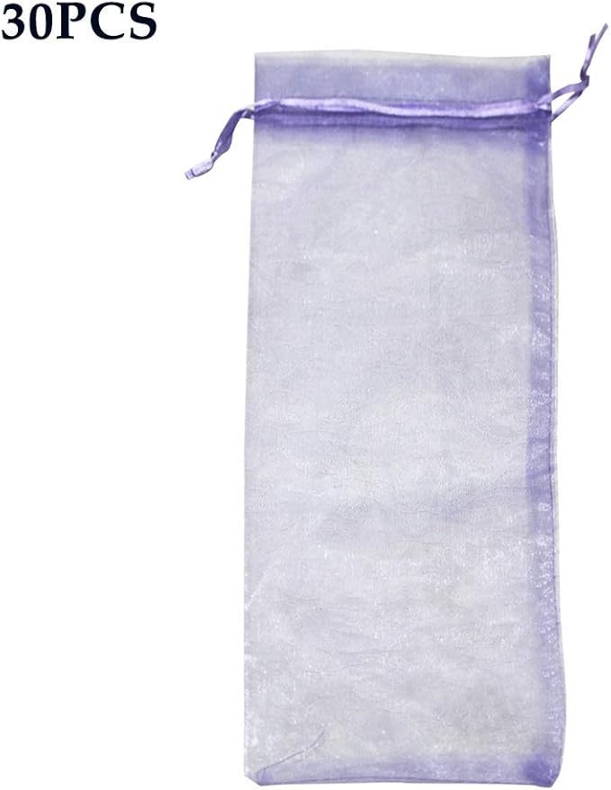 Kakalote 30pcs Sheer Organza Wine Bags, Design Fine Mesh Wine Gift Bag, Reusable Bottle Bags for Travel, Wedding, Birthday, and Dinner Party(Light Purple)