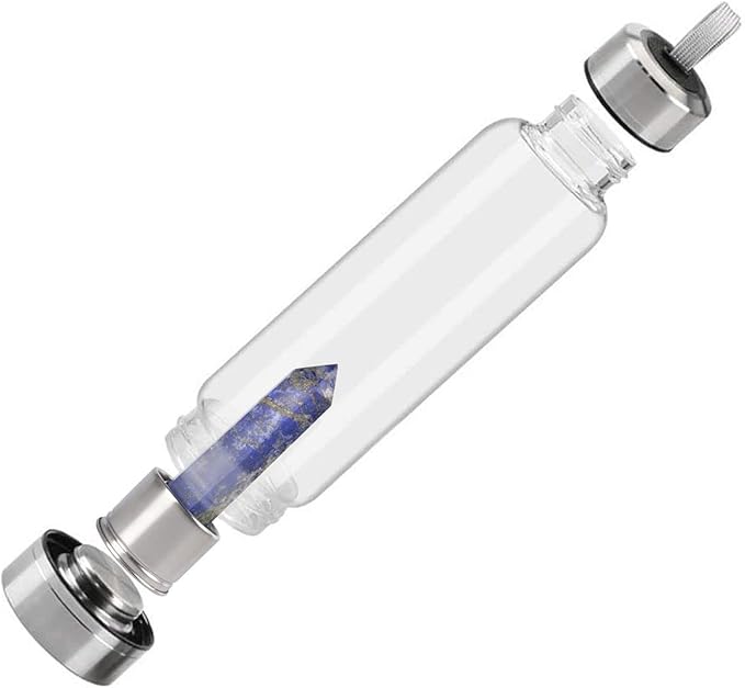 Crystal Glass Water Bottle Energy Quartz Gemstone Water Bottle with Changeable Natural Crystal Center for Healing and Wellness Lapis Lazuli