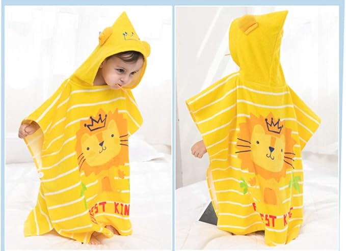 TONWHAR Kids Bath/Pool/Beach Hooded Poncho Towel-Cartoon Animal Pattern Cotton Beach Towel for Baby and Kids (Lion, 1-4 Years/Height:33.4"-43.3")
