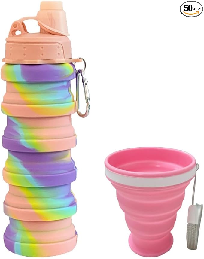 Collapsible Water Bottles 500 ml with silicone collapsible cup 200 ml.Travel Water Bottle Portable Hiking Water Bottle Reusable BPA Free Silicone Water Bottles.(Pink Camouflage+Pink)