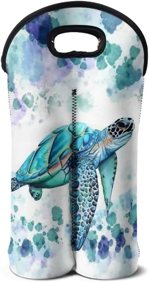 doginthehole Sea Turtle Wine Carrier Tote Bag 2 Bottle Insulated Neoprene Wine/Water Bottle Holder for Travel with Handle, Aqua Animal Print Wine Bags Bottle Protective Carriers Beer Bottle Sleeve