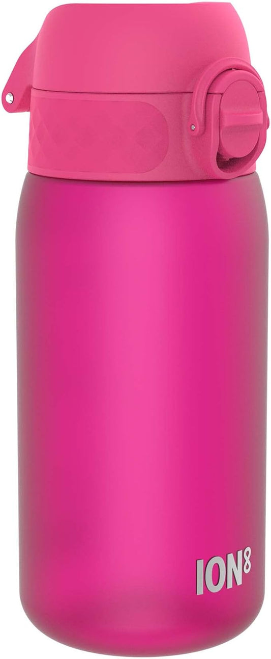 Ion8 Small Water Bottle, 350 ml/12 oz, Leak Proof, Easy to Open, Secure Lock, Dishwasher Safe, BPA Free, Carry Handle, Hygienic Flip Cover, Easy Clean, Odor Free, Carbon Neutral, Hot Pink