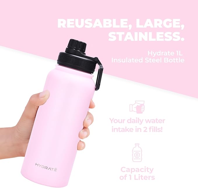 HYDRATE Insulated Stainless Steel Water Bottle - Large Reusable Flask with Leak-Proof Design and Convenient Handle - Double Vacuum Insulation for School, Work, or Adventure