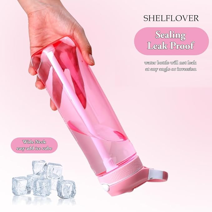 SHELFLOVER Pink Water Bottle With Narrow Straw, BPA FREE Clear Bottles With Handle One Hand Use Easy Carried, Flip Up, Suit School, Office, Gym, Office For Women 24oz (750ml)