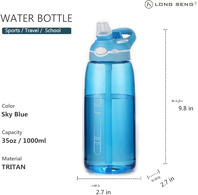 Sports Water Bottle 35 OZ, Gym Leak Proof Wide Mouth Straw Water Bottles Sky Blue BPA-Free Plastic Water Bottle Tasteless Portable Easy Clean Water Bottles For Adults Man Woman