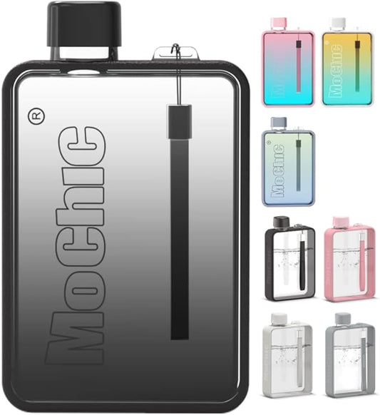 Mochic 13oz Portable Water Flask Flat Water Bottle for Purse Mug BPA Free A5 Slim Square Water Bottle Flask Leak Proof Plastic Flask Bottle for Travel (Gradient Black)