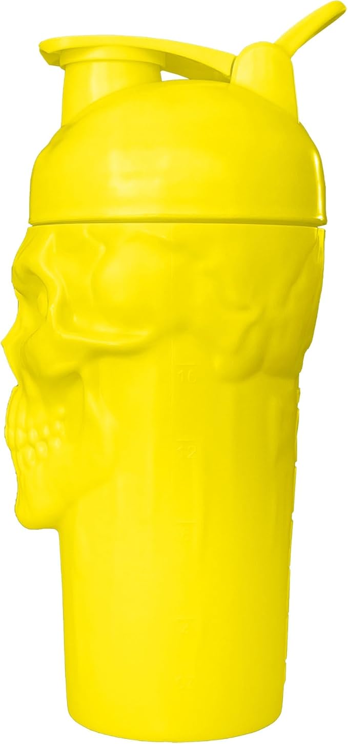 JNX SPORTS The Curse! Skull Shaker Bottle, 24-Ounce, Electric Yellow Limited Edition, Supplement Mixer with Classic Loop Top