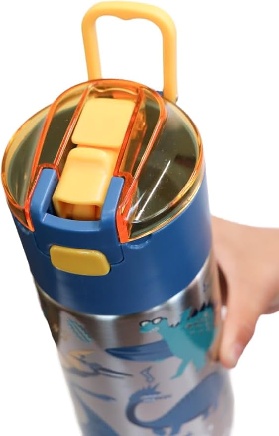 Kids insulated water bottle with straw and snack cup. Double wall stainless steel 14oz (teal and dark yellow dinosaur)