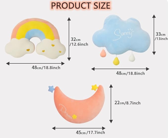 Moon Rainbow Cloud Pillow Cushion, Soft Plush Cloud Shaped Pillow Stuffed Rainbow and Moon Nursery Decor,Bedside Sofa Sleeping Pillow, Kids Cute Candy Color Cushion (Rainbow)