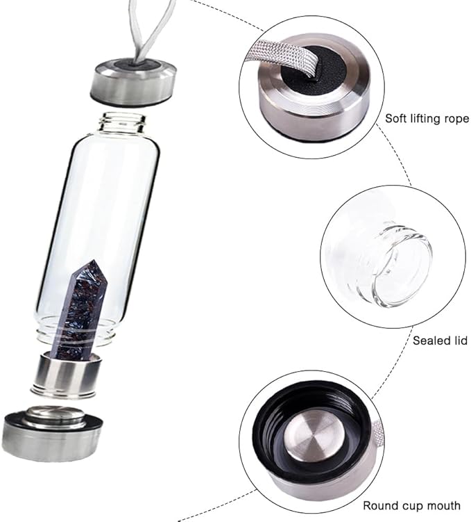 Crystal Glass Water Bottle,Water Bottle With Gemstone Center Crystal Elixir Bottle,Removable Gemstones Water Cup Crystal Column Magic Wand Energy Cup for Gifts (V-Fireworks Stone)