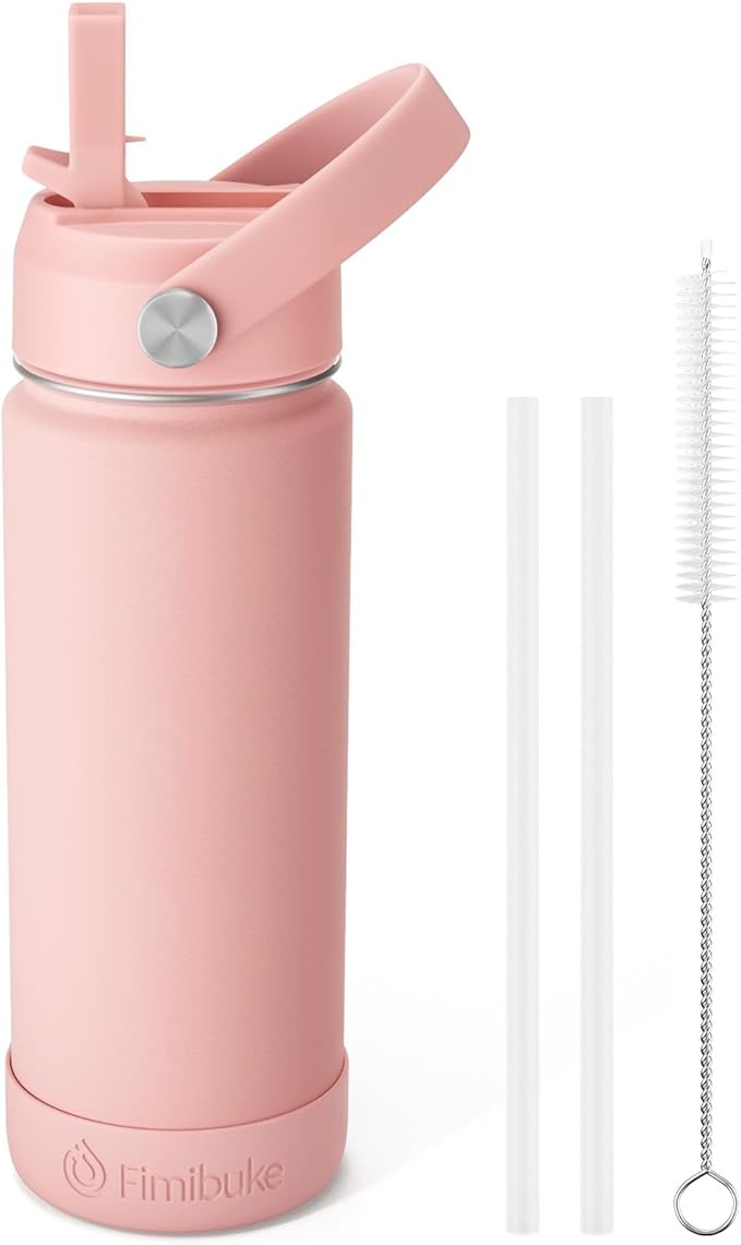 Fimibuke Kids Insulated Water Bottle - 18oz BPA-FREE 18/8 Stainless Steel Kids Cup with Straw Travel Tumbler Double Wall Vacuum Leak Proof Toddler Water Bottle for School Boys Girls(1 Pack, Blush)