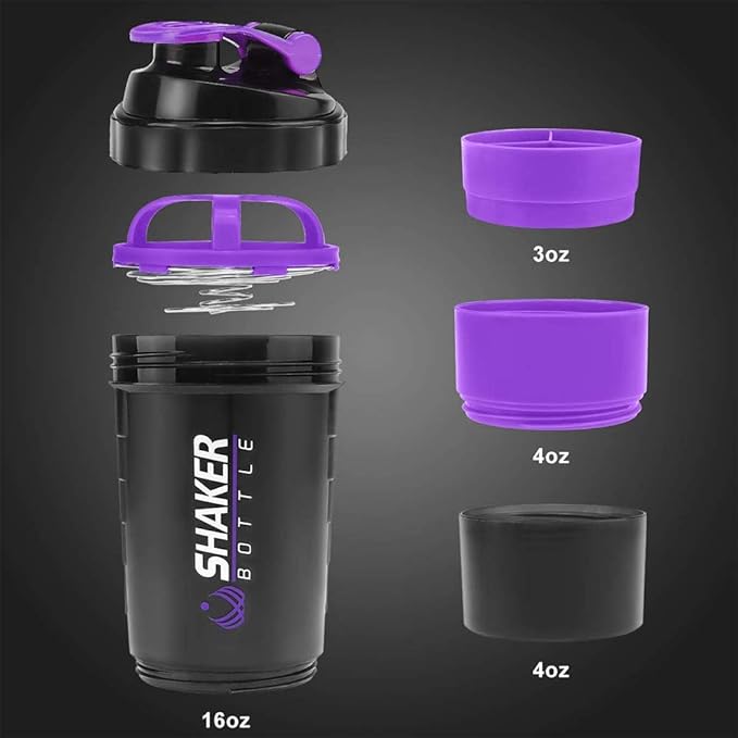 Protein Shaker Bottle,16 oz Shake Cup for protein powder with Storage,Sports Water Bottle,Non Slip 3 Layer Twist Off 3oz Cups with Pill Tray Leak Proof Shake Bottles for Protein Mixes