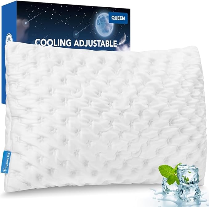 Cooling Bed Pillows for Sleeping Shredded Memory Foam Adjustable Cool Rayon Derived from Pillow for Side Back Stomach Sleepers Luxury Gel Queen Size 1 Pack Washable Removable Cover