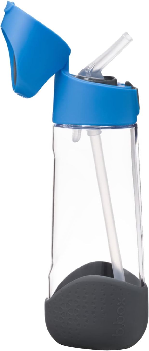 b.box 20oz Tritan Straw Bottle | Large, Modern Water Bottle with Flip Straw for Kids | Spill Proof, BPA Free (Blue Slate, 20 oz)