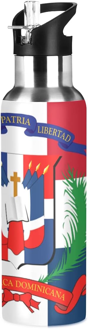 Dominican Republic Flag Sports Water Bottle, Double Wall Vacuum Insulated Stainless Steel Water Bottle with Straw Keeps Hot and Cold, Bike Running Sports Travel Gym 20oz