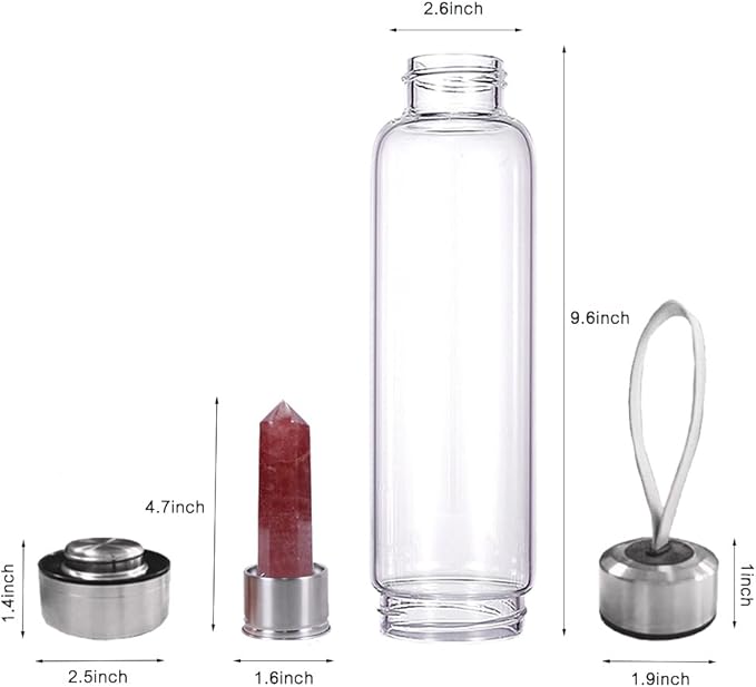 Crystal Glass Water Bottle,Water Bottle With Gemstone Center Crystal Elixir Bottle,Removable Gemstones Creative Water Cup Crystal Column Magic Wand Energy Cup for Gifts (U-Strawberry Crystal)