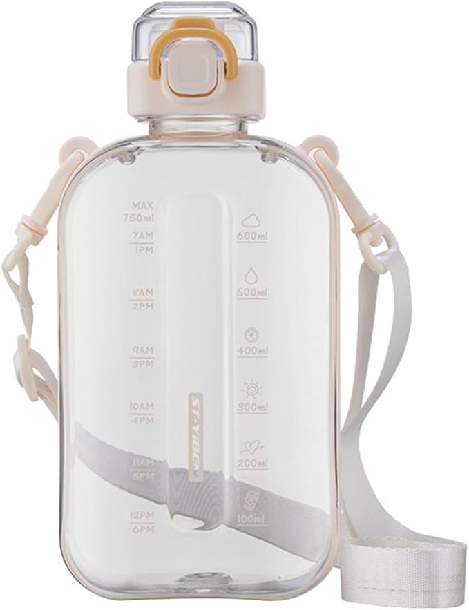 750ML Square Transparent Water Bottle, Cute Sports Water Jug with Adjustable Strap, Portable Motivational Water Bolttles for Travel, Hiking and Outdoor Workouts