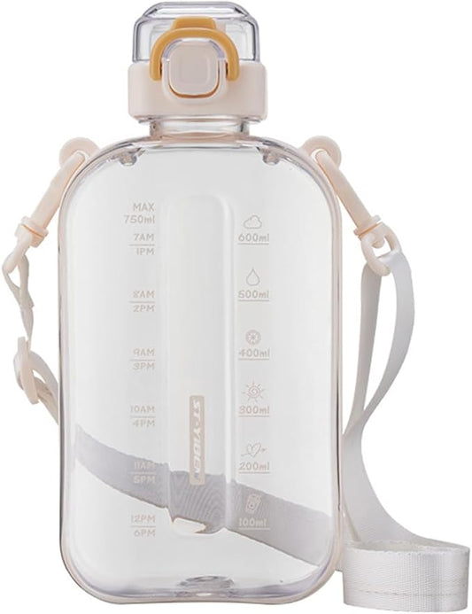 750ML Square Transparent Water Bottle, Cute Sports Water Jug with Adjustable Strap, Portable Motivational Water Bolttles for Travel, Hiking and Outdoor Workouts