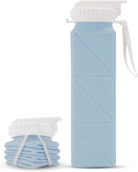 20 oz Water Bottle Collapsible | BPA Free Leakproof Lightweight Foldable Silicon Water Bottles | Twistable Water Cup | for Travel Gym Hiking Outdoor Camping Running Cycling Sports (Blue)
