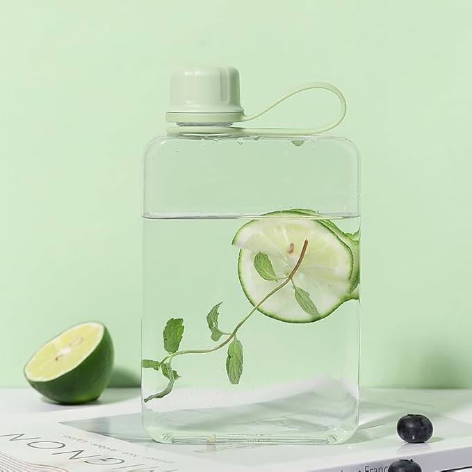 Tritan Transparent Flat Water Bottle samll Water Bottle Slim Square Pocket Bottle Water Flask, BPA Free/Slim Design/Leak Proof Water Bottle for Travel, Outdoor, Sports (Matcha Green, 500ML)