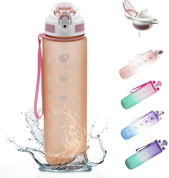 Prometheuz 32oz Water Bottle with Straw, Motivational Water Bottle with Time Marker, Water Bottles Leakproof & BPA-Free for Sports, Work and Fitness Rose Gold