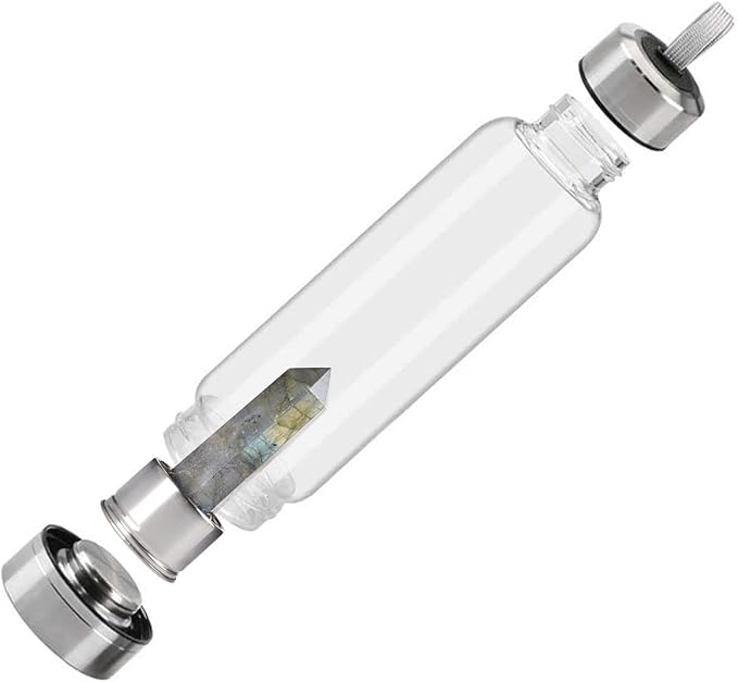 Crystal Glass Water Bottle, Glass Water Bottle with Changeable Natural Crystal Center, Quartz Gemstone Water Bottle for Natural
