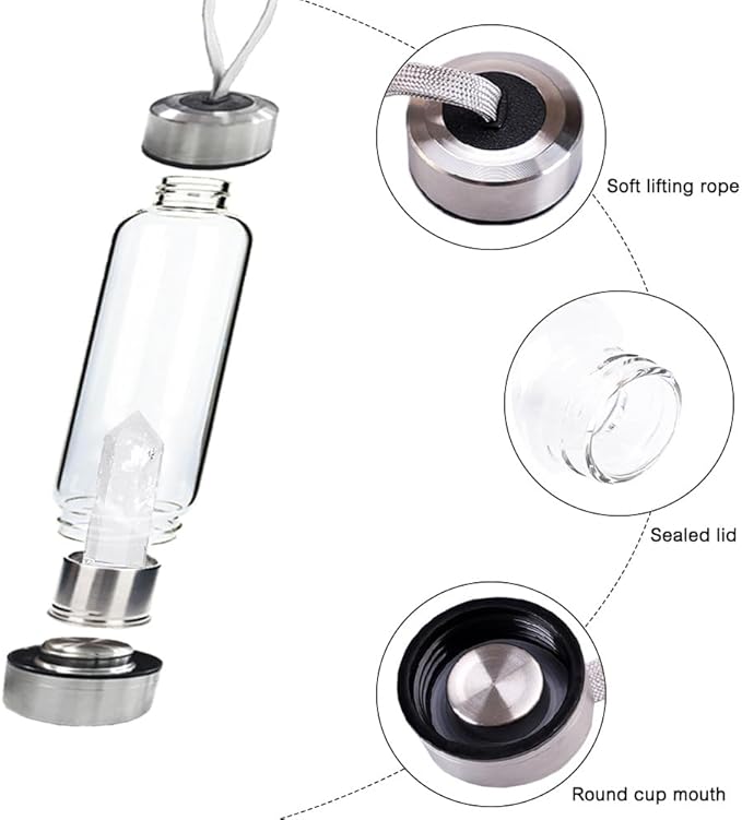 Crystal Glass Water Bottle,Water Bottle With Gemstone Center Crystal Elixir Bottle,Removable Gemstones Creative Water Cup Crystal Column Magic Wand Energy Cup for Gifts (I-White Crystal)